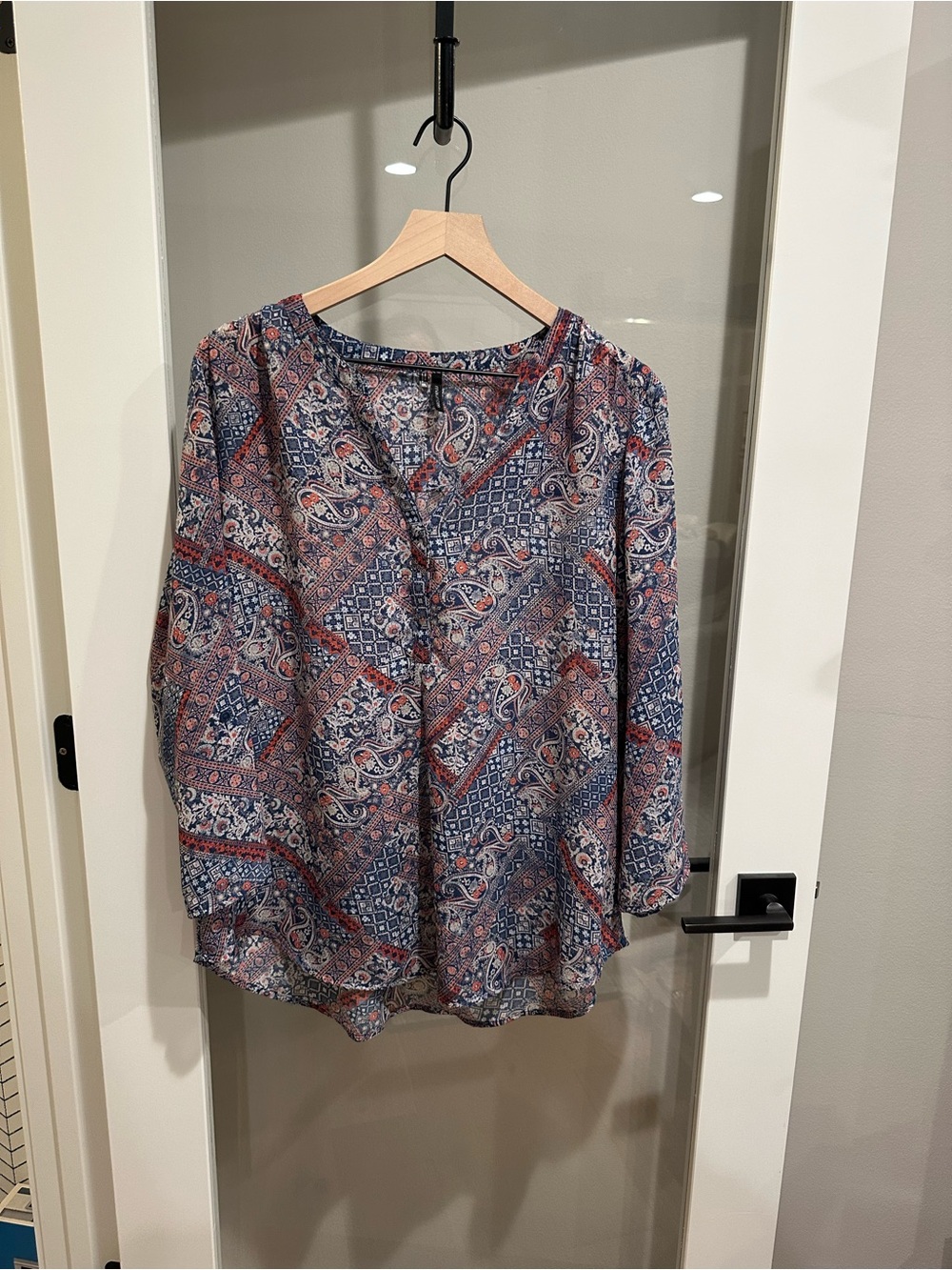 Maurices Navy and Red Paisley Print Henley Blouse